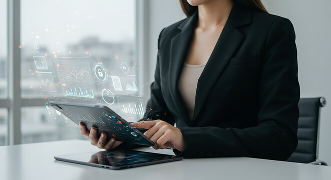 Businesswoman reviewing encrypted documents on secure tablet