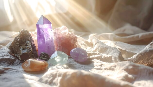Cristales de cuarzo y amatista iluminados por rayos de sol sobre tela suave, energ&iacute;a y armon&iacute;a natural