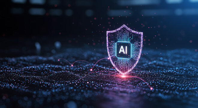 AI-powered cybersecurity system defending enterprise network, digital shield glowing
