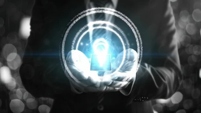 A man is holding a key in his hand. The key is glowing and he is a security key