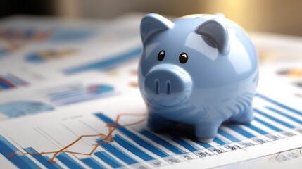 Blue Piggy Bank on Financial Chart with Graphs and Data Representations, Symbolizing Savings, Investments, and Budgeting Strategies for Personal Finance Management