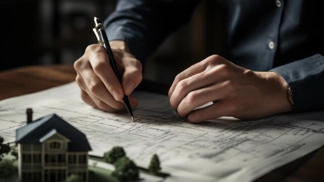 A person writing on a document or blueprint, possibly an architect working on plans for a house or construction project