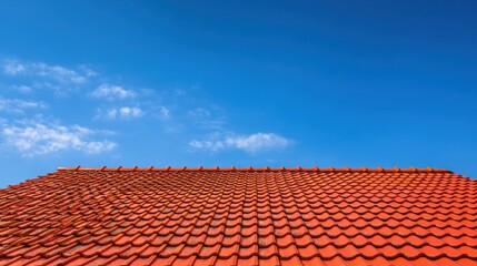 Bright Blue Sky Over Orange Red Tile Roof with Clear Clouds and Warm Sunshine in a Peaceful Outdoor Setting Ideal for Home and Architecture Photography
