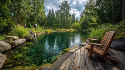Fototapeta premium Serene Natural Pond Surrounded by Lush Greenery and Tall Trees under a Dramatic Sky with a Wooden Chair Overlooking the Water