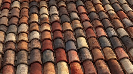 Close-Up View of Aged Terracotta Roof Tiles with Diverse Textures and Warm Earthy Tones in Natural Lighting Showcasing Architectural Beauty and Craftsmanship