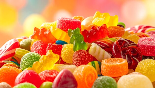Coloridas golosinas y caramelos surtidos con fondo brillante y festivo