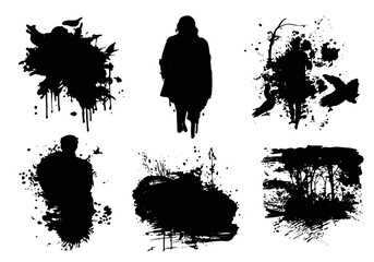 collection presents vector silhouettes various figures and nature elements. Each silhouette highlights unique shapes and compositions, creating striking contrast against white background