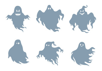 Silhouettes depict six grey unique ghost designs, showcasing different expressions and shapes. vector graphics are ideal for Halloween themed projects, party decorations or art designs