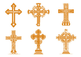 collection six decorative golden crosses in vector silhouette style, featuring intricate designs and patterns. Each cross offers unique artistic flair, ideal for crafts and graphic projects
