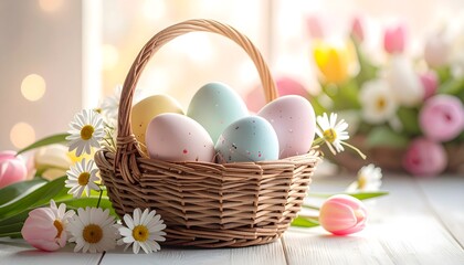 Obraz premium Cesta de mimbre con huevos de Pascua de colores pastel rodeada de flores primaverales y luz cálida