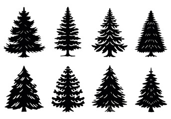 Set of flat black silhouettes of pine and fir trees on white background, representing winter, nature, minimal forest design, ideal for Christmas graphics, holiday cards and eco illustrations