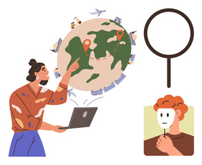 Woman pointing to global map, exploring locations with laptop. Person removing mask reveals identity. Ideal for global connection, research, navigation, travel, identity, exploration discovery