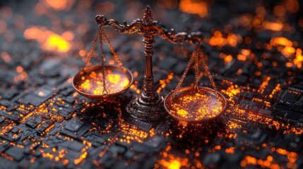 Ornate scales of justice atop a circuit board, bathed in an orange glow, abstract concept