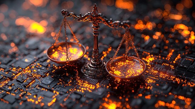 Ornate scales of justice atop a circuit board, bathed in an orange glow, abstract concept