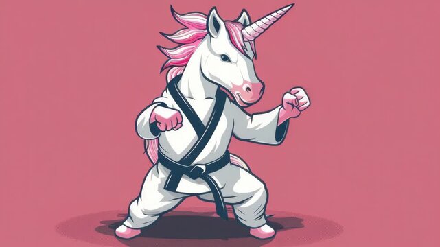A digital  of a cute pink unicorn wearing a karate gi and gloves, ready to fight against a pink background.