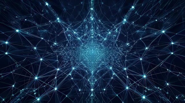 Abstract digital network with glowing nodes and lines, dark blue background