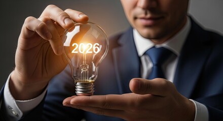 2026 business resolutions concept - Businessman hand holding glowing bulb with 2026 number symbolizing ideas, innovation, planning, motivation, and business resolutions for the new year