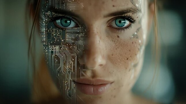 Closeup of a womans face, half human and half robotic, with intricate circuitry integrated into her skin, highlighting the fusion of technology and humanity
