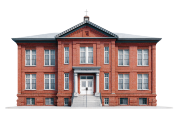 Front view of a classic brick school building.  Two-story, symmetrical facade with many windows,  a large entryway, and a small cupola