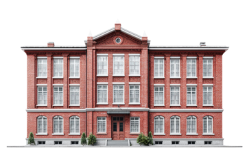 Facade of a historic brick building.  A large, red brick building with many windows, a classic schoolhouse or administrative style