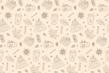 Cozy autumn seamless pattern with pumpkin, hot drinks, spices and dessert. Doodle style outline vector design for background, wrapping paper, invitation, poster, banner