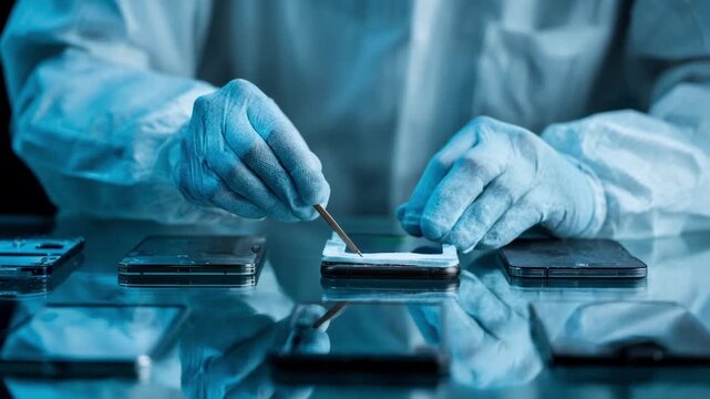Closeup of a professional wiping sensitive information off smartphones prior to responsible disposal.