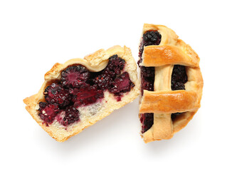 Delicious cut blackberry pie on white background
