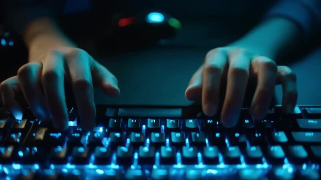 Medium shot of UV light disinfecting a mechanical keyboard focusing on hightech hygiene practices for gaming and professional setups.