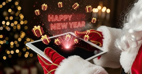 Holographic "Happy New Year" and Gift Boxes Floating from Tablet in Santa Claus's Hands: E-Commerce and Online Shopping Concept for Christmas and New Year 2026
