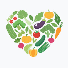 A vibrant heart-shaped arrangement of fresh, colorful vegetables and fruits, symbolizing healthy eating, natural nutrition, and a plant-based lifestyle for well-being and vitality