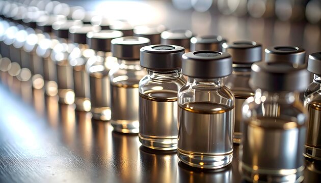 Fila de viales de vidrio con l&iacute;quido transparente en laboratorio farmac&eacute;utico