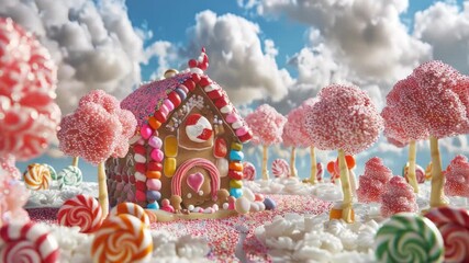 A whimsical landscape of sweets with a gingerbread house and candy-floss trees under a sky filled with lollipops. - Powered by Adobe