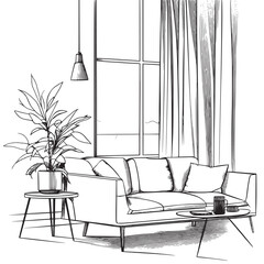 line art illustration of speaker in a modern living room