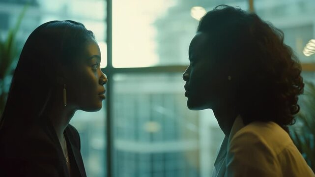 A tense moment shared between two women in an office setting.