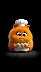 Fototapeta premium A fluffy orange cat wearing a chef hat and apron holding a tray of cupcakes