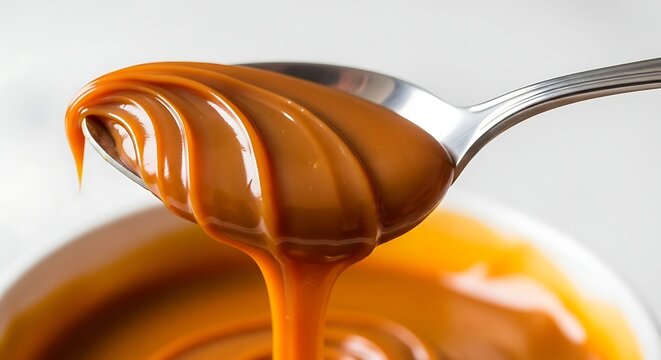 spoon lifting thick dulce de leche dripping slowly