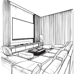 minimalist flat line art vector illustration of television in a luxurious home theater
