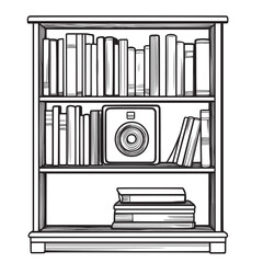 minimalist flat line art vector illustration of speaker on a bookshelf filled with books