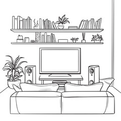 outline sketch vector illustration of speaker system in a cozy living room