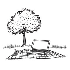 outline vector illustration of laptop on a blanket under a tree in a park