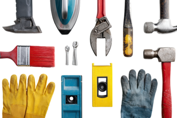 Assorted construction tools arranged in a grid
