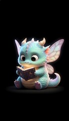 Cute baby dragon with wings reading a book