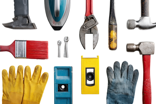 Assorted construction tools arranged in a grid