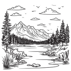 sketch outline illustration of recreation in a national park