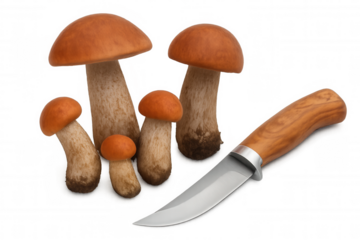 Fresh orange cap bolete mushrooms and knife on a transparent background, representing autumn foraging and cooking ingredients