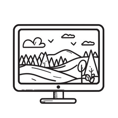sketched outline vector illustration art of monitor displaying a vibrant art piece