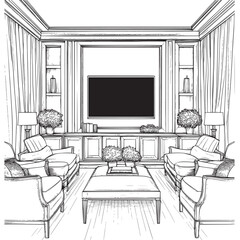 doodle cartoon outline vector illustration of television in a luxurious home theater