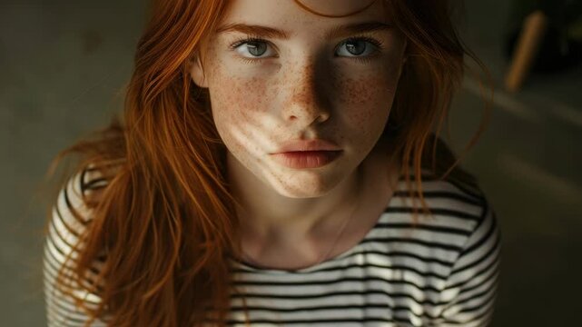 Close-up portrait of a young lady with striking eyes and red freckles. She is looking directly at the camera, exuding confidence.