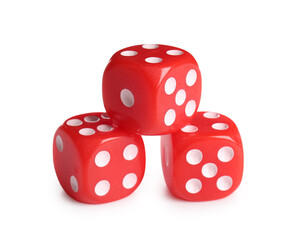 Red game dices isolated on white background, closeup