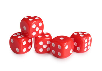 Heap of red game dices isolated on white background, closeup
